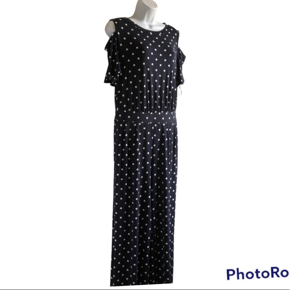 The Limited Jumpsuit Size L Navy Blue Polka Dot Polyester Cold Shoulder Zip Back